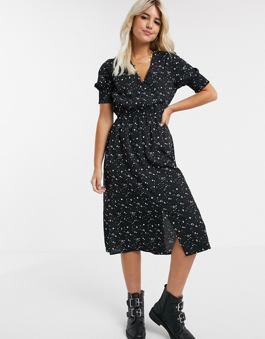 Influence shirred sleeve midi dress with button down front in mono heart print-Black