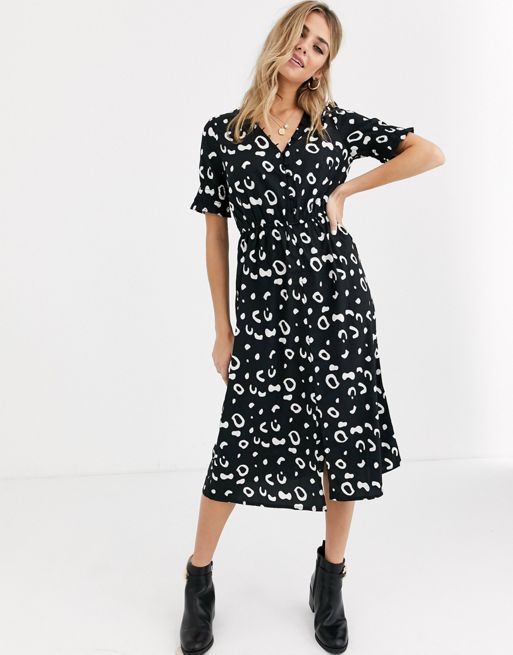 Influence shirred sleeve midi dress with button front in abstract print ...