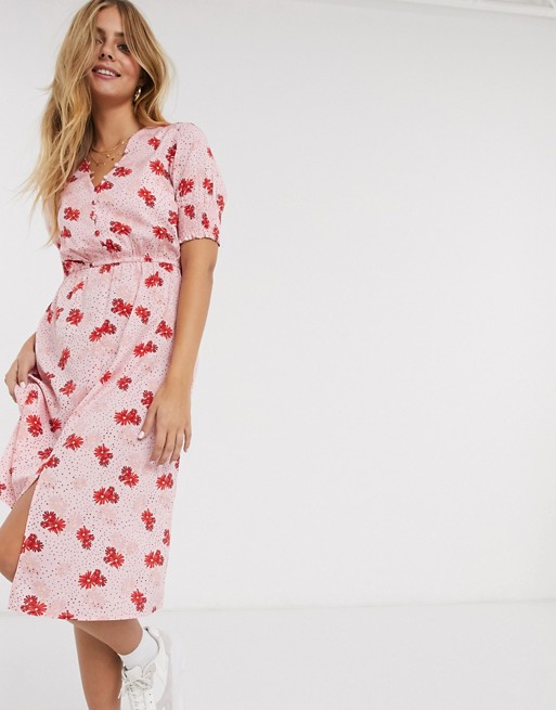 Influence shirred sleeve midi dress with button front in floral polka dot print