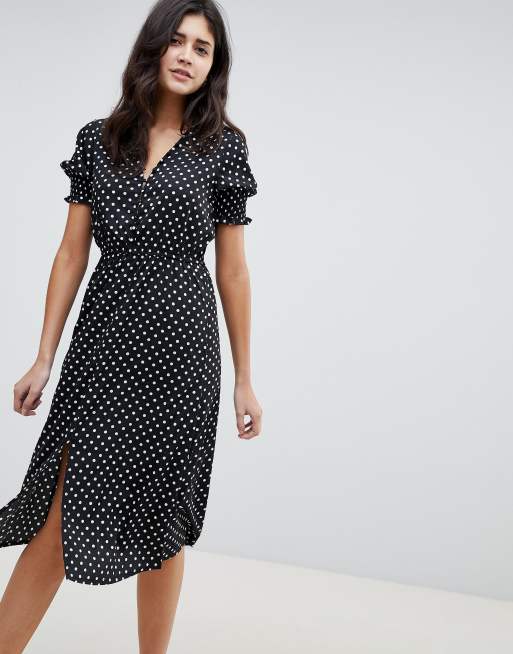 Influence Shirred Sleeve Polka Dot Midi Dress | ASOS