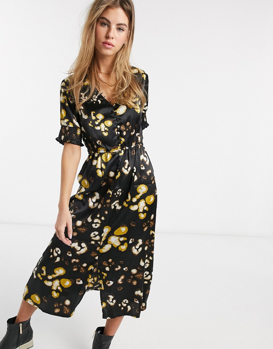 Influence shirred sleeve satin midi dress with button front in leopard print-Multi