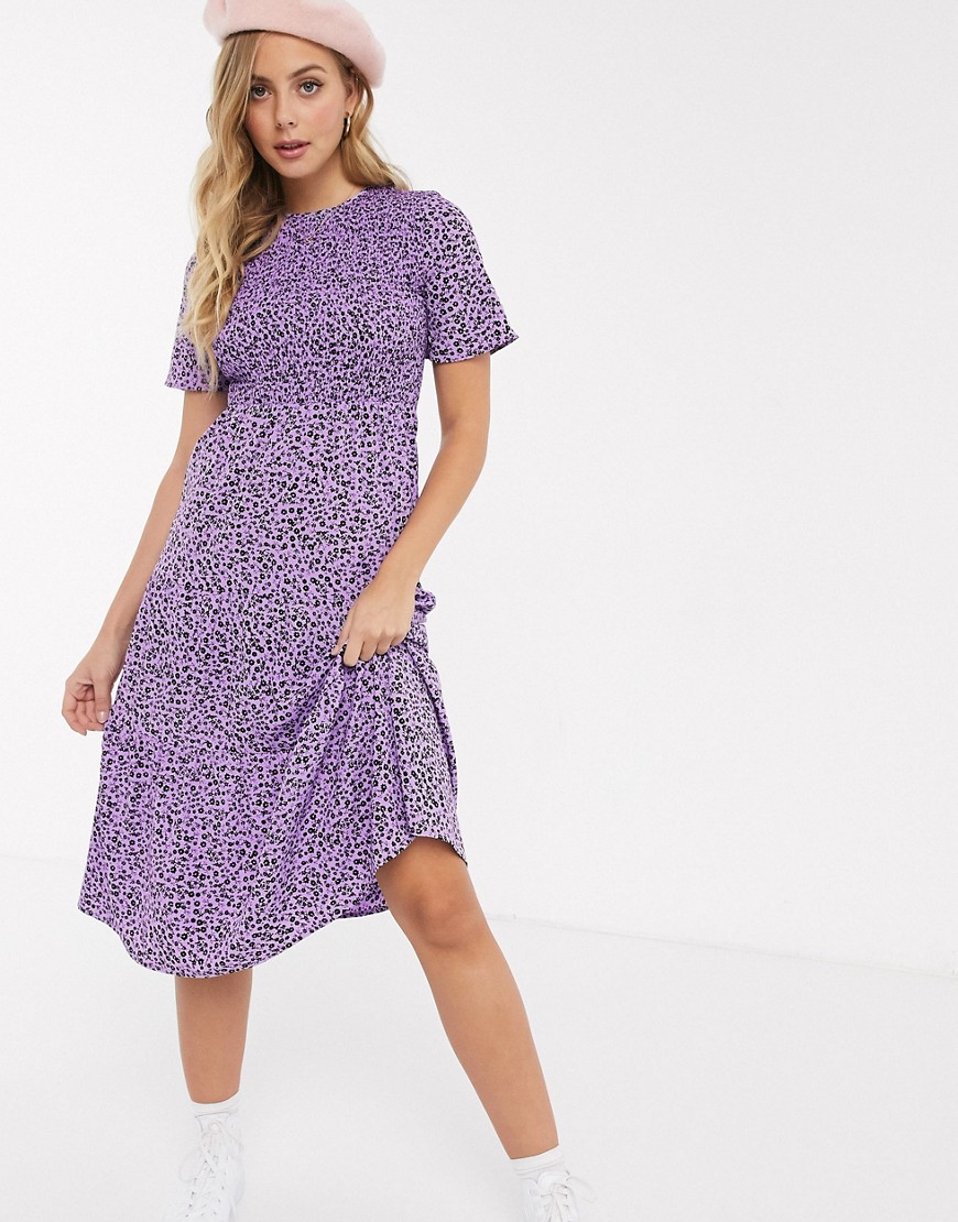 Influence shirred tiered midi dress in lilac ditsy floral print-Purple