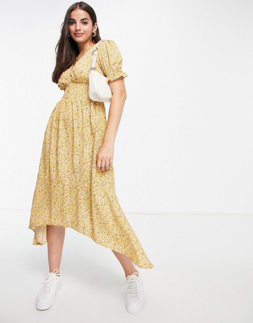 Influence shirred waist midi tea dress in yellow ditsy floral print