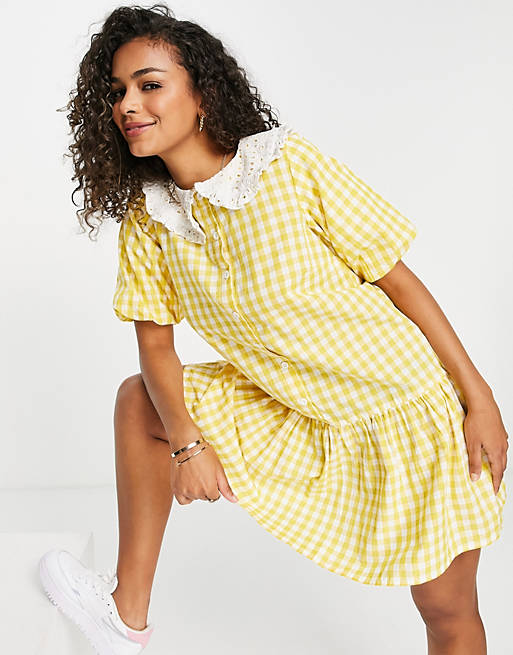Influence shirt dress with broderie collar in yellow gingham