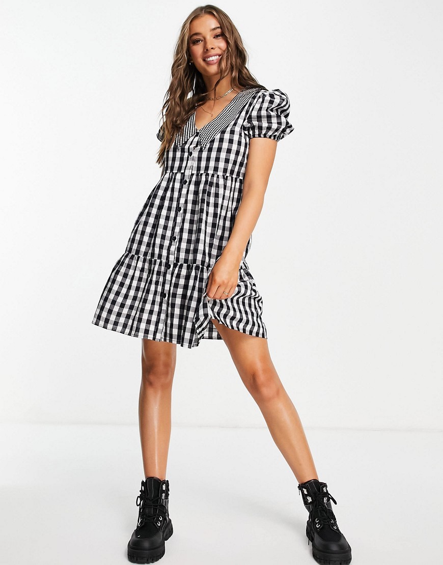 Influence shirt dress with contrast collar in black gingham