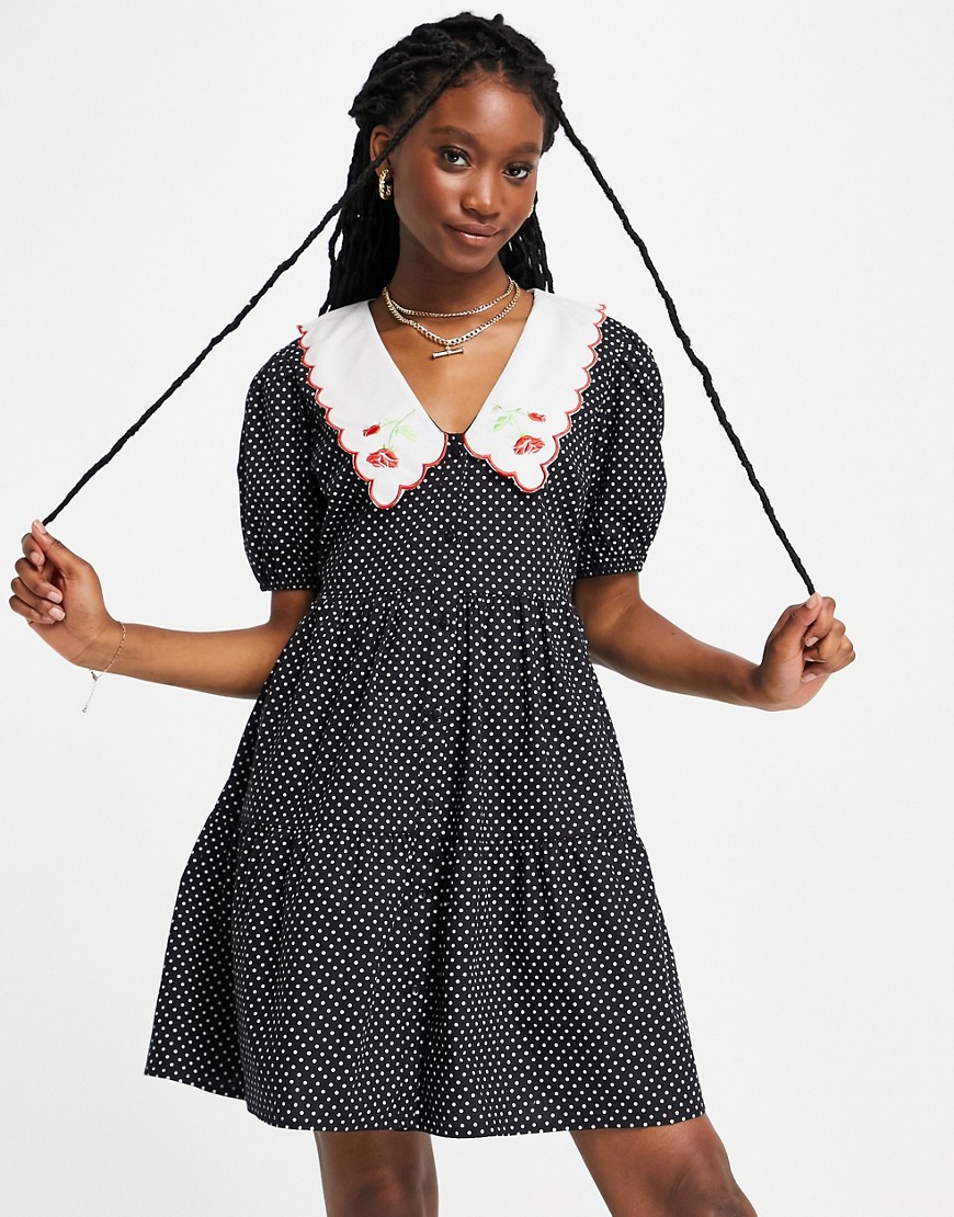 Influence shirt dress with embroidered collar-Black
