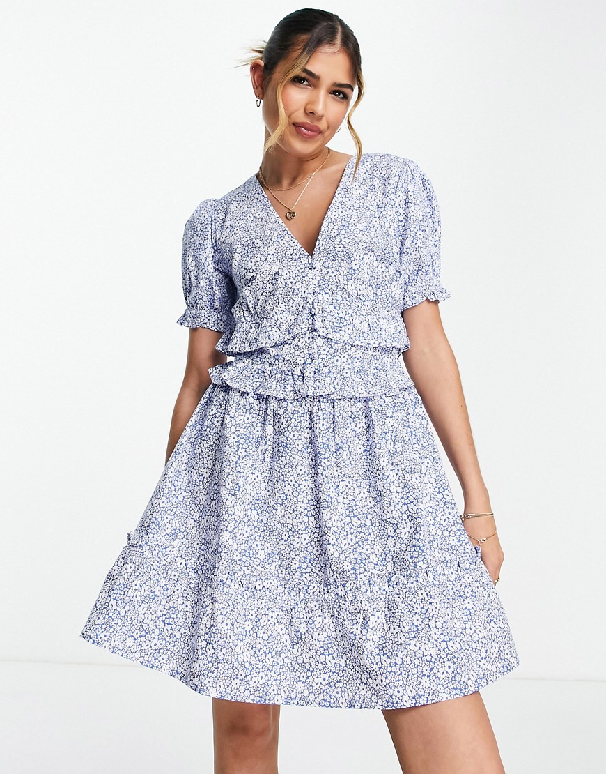 Influence short sleeve button down front mini dress in blue floral-Multi