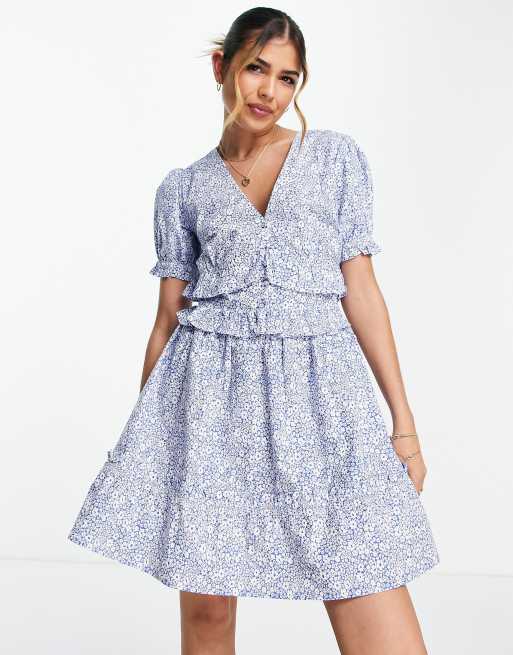 Influence short sleeve button down front mini dress in blue floral | ASOS