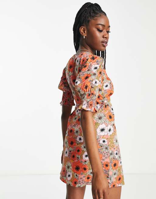 Influence short sleeve button front mini dress in orange floral , 2 of 4
