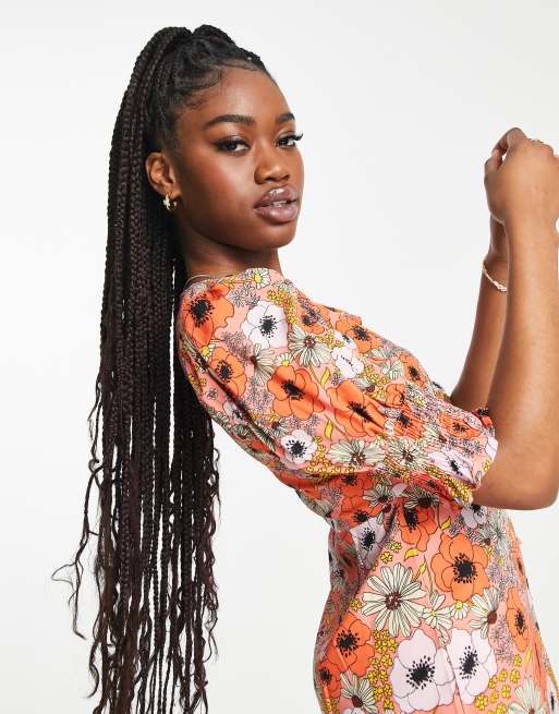 Influence short sleeve button front mini dress in orange floral , 3 of 4