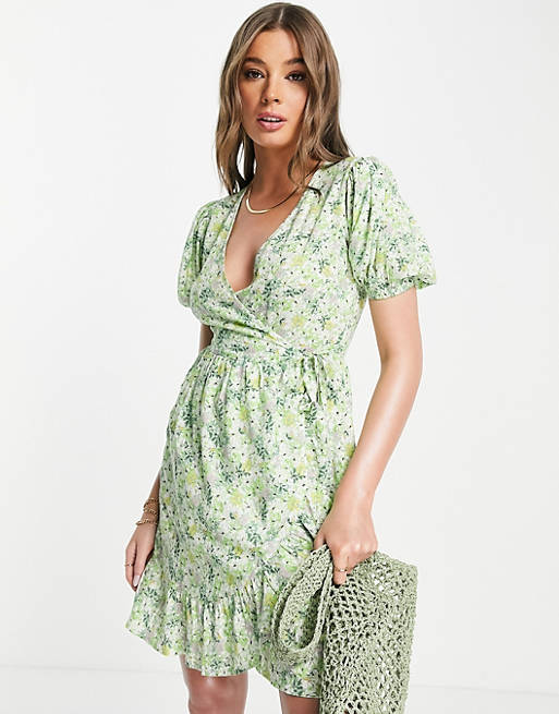 Influence short sleeve mini wrap dress in green ditsy floral