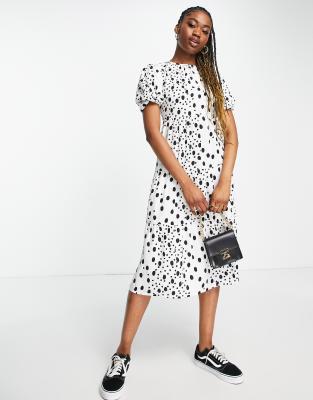 Influence smock midi dress in white polka dot