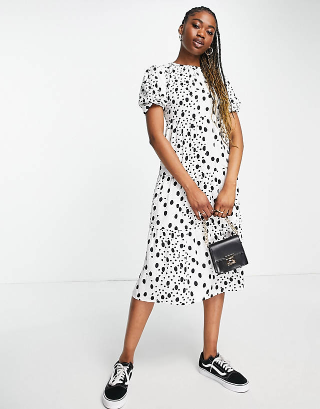 Influence - smock midi dress in white polka dot