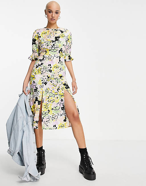 Influence split front tea dress with open back in bold floral print