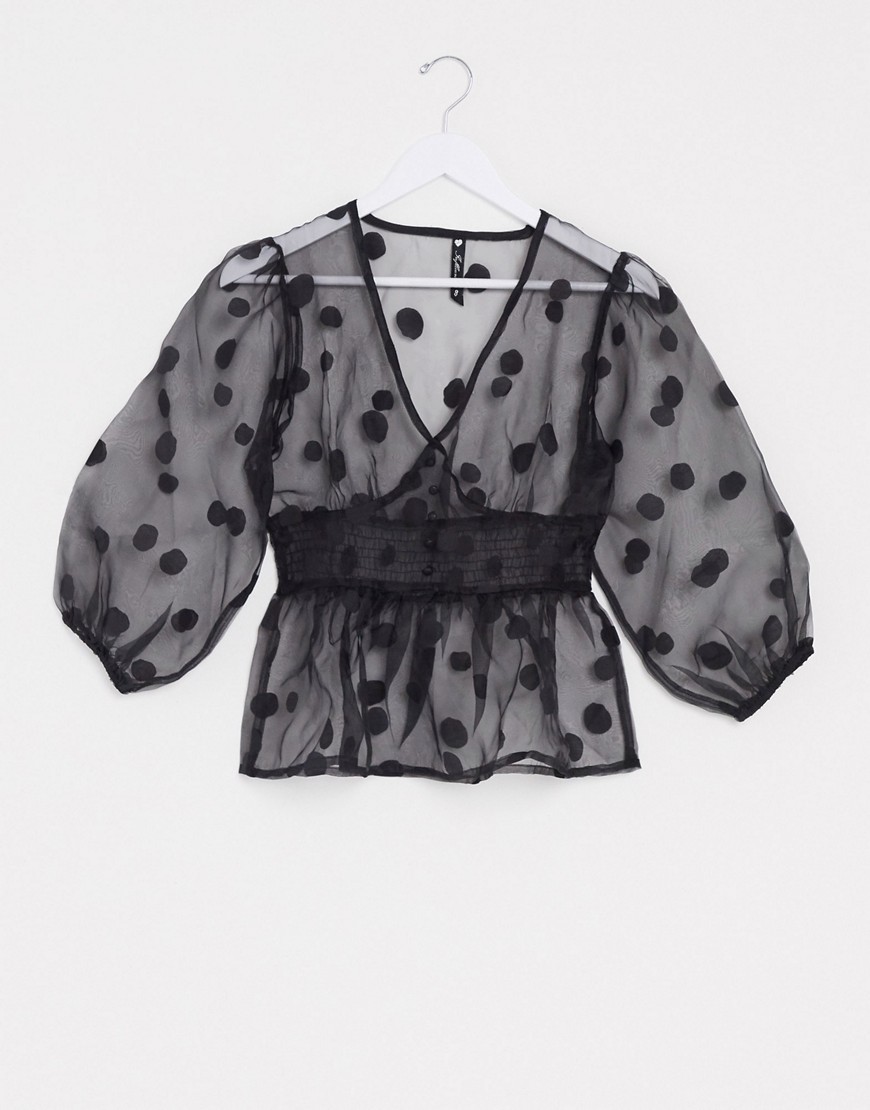 Influence spot organza blouse with peplum hem in black