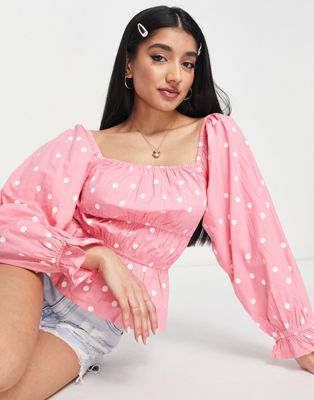 Influence square neck cotton blouse in pink polka dot