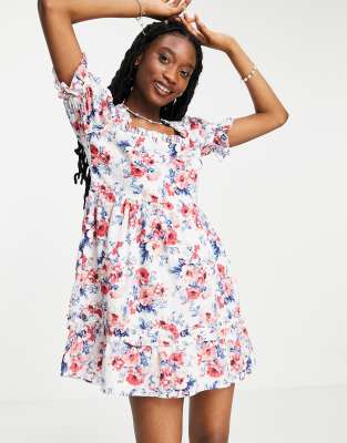 Influence square neck floral mini dress-Multi