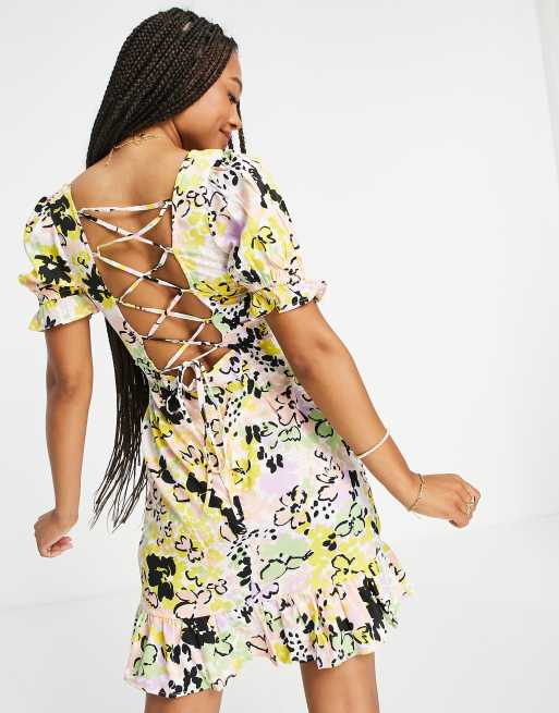 Influence square neck mini dress with strappy back in bold floral print