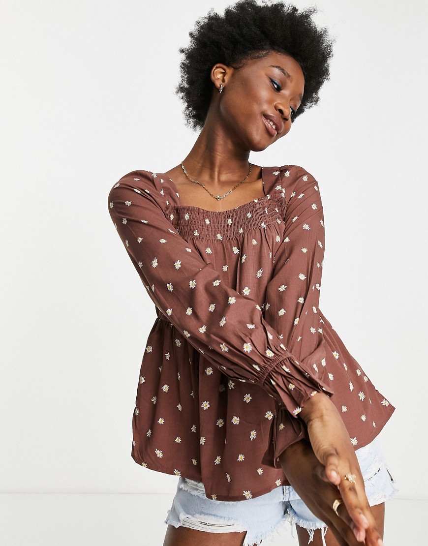 Influence Square Neck Off Shoulder Blouse In Brown With Floral Embroidery