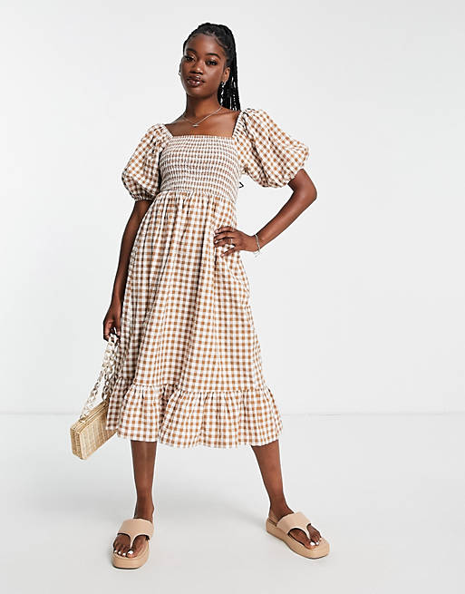 Influence square neck puff sleeve beach dress in brown check | ASOS