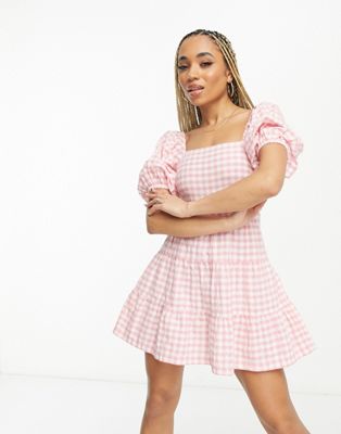 Influence square neck puff sleeve beach dress in pink gingham