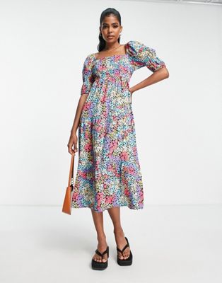 Influence square neck puff sleeve midi dress in bold floral print