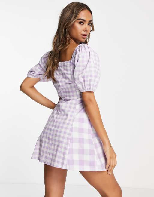 Influence square neck puff sleeve mini dress in lilac gingham check