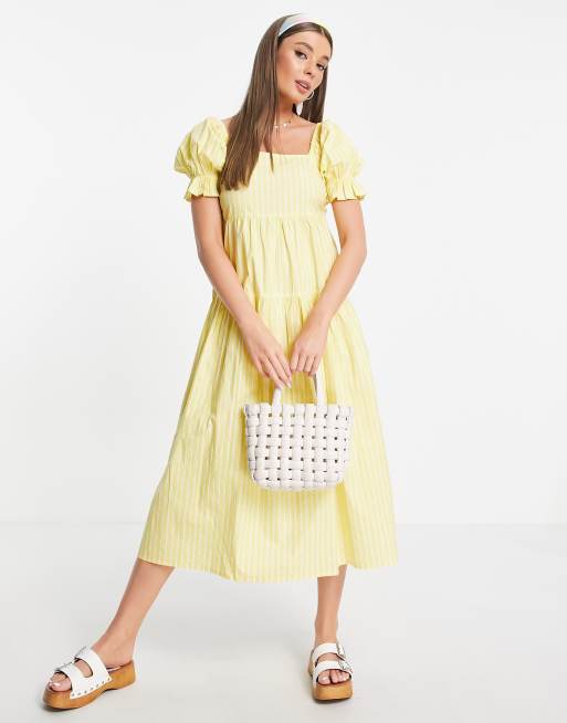 Influence square neck puff sleeve tiered midi dress in yellow | ASOS