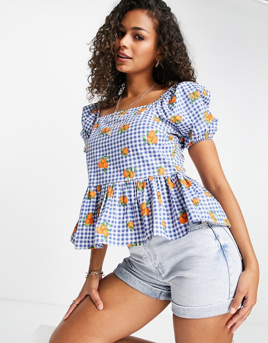 Influence square neck top in blue gingham with orange print-Multi