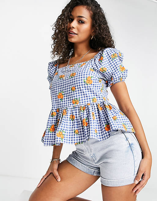 Influence square neck top in blue gingham with orange print