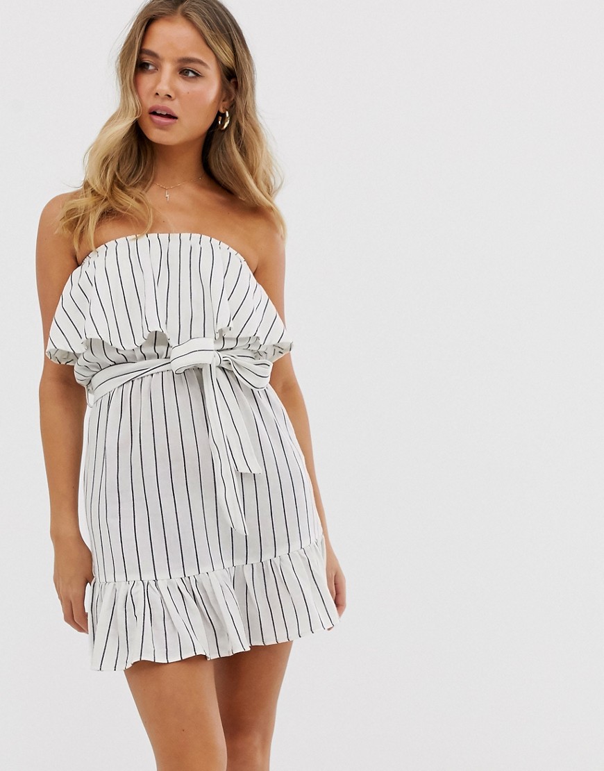 Influence strapless dress with frill detail in stripe-White