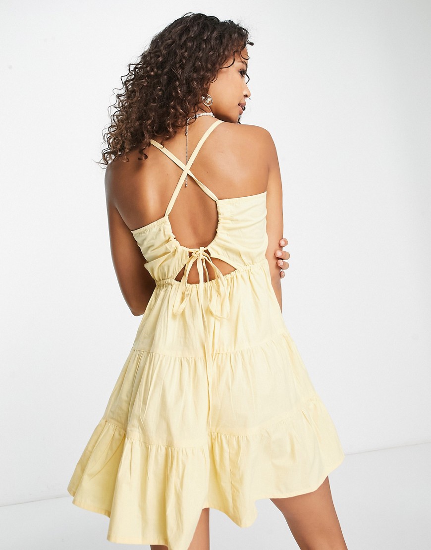 Influence strappy open back tiered mini dress in lemon-Yellow