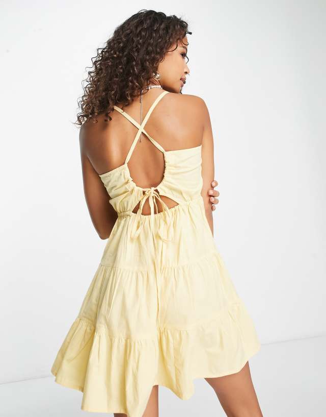 Influence strappy open back tiered mini dress in lemon