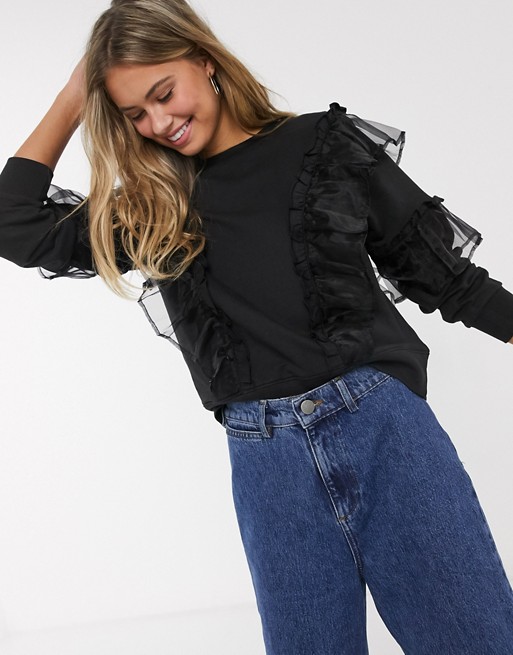 Influence sweater with organza frill detail in black