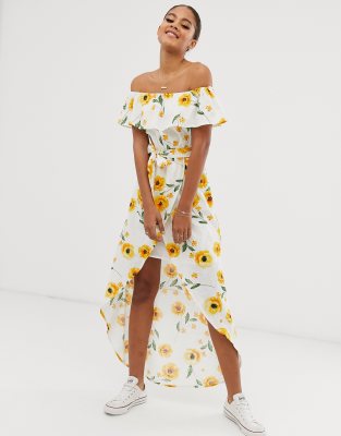 bardot frill maxi dress