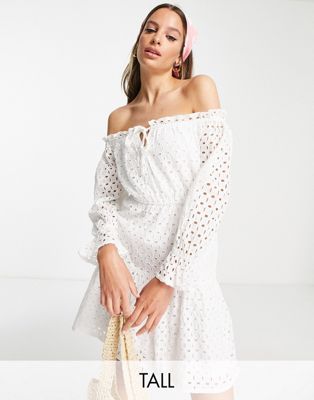 Influence Tall broderie off shoulder mini dress in white