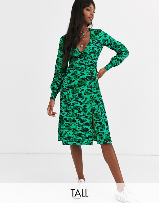 Influence Tall button detail midi dress in green abstract leopard print