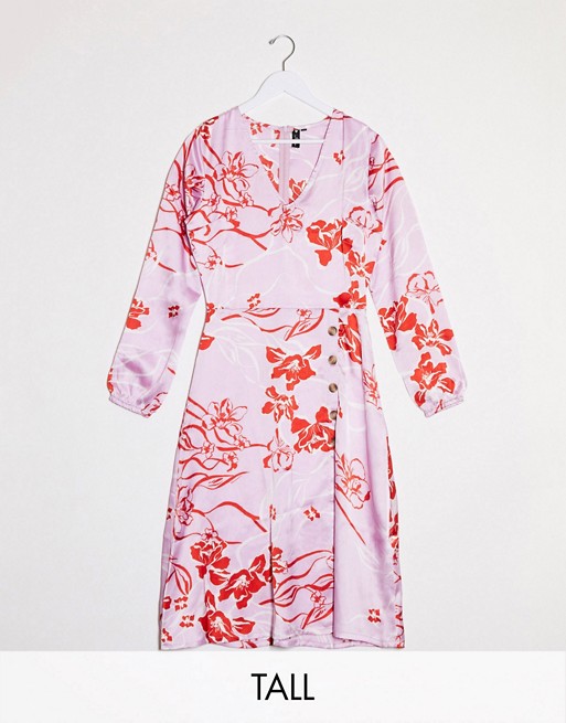 Influence Tall button front midi dress in pink floral