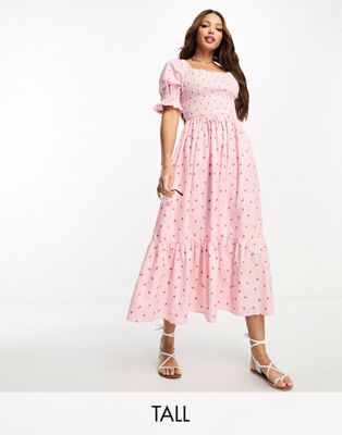 Influence Tall cotton poplin gingham midi dress with strawberry embroidery in pink - ASOS Price Checker