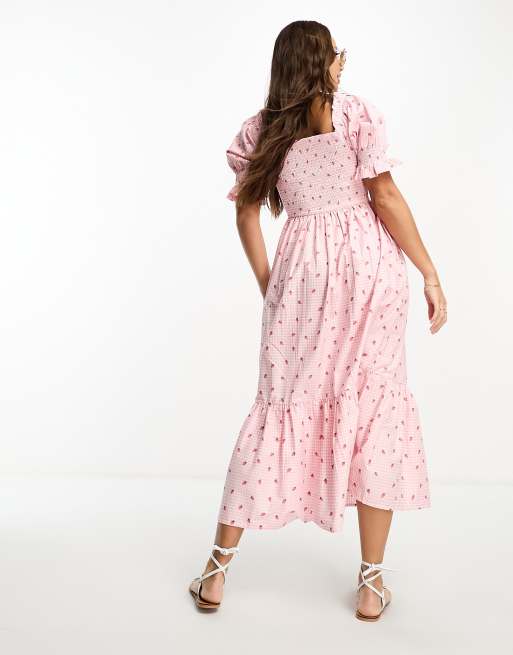 Influence Tall cotton poplin gingham midi dress with strawberry embroidery in pink, 2 of 4