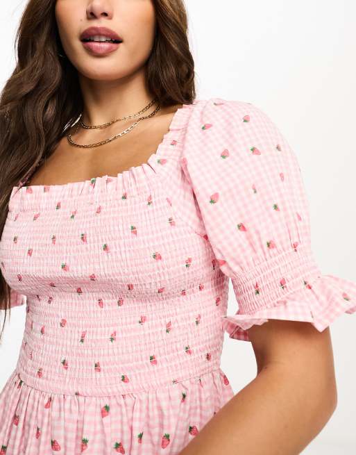 Influence Tall cotton poplin gingham midi dress with strawberry embroidery in pink, 3 of 4