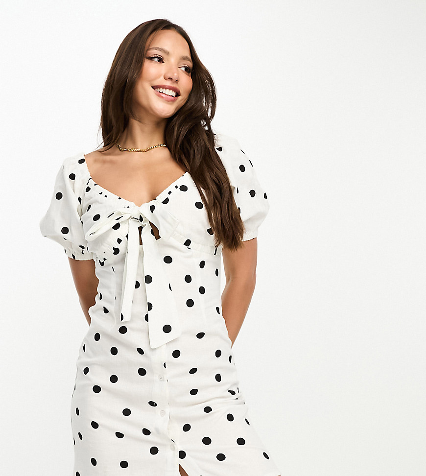 Influence Tall cotton tie front mini dress in polka dot-White