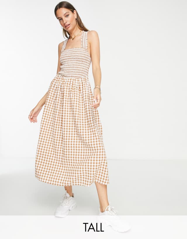 Influence Tall crossover strap midaxi dress in beige seersucker gingham