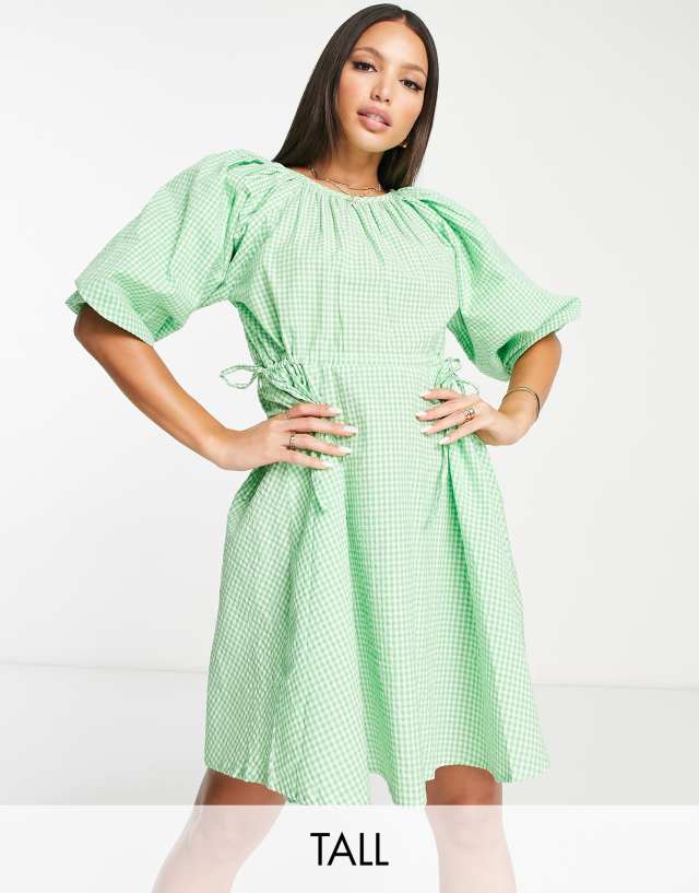 Influence Tall drawstring waist mini dress in green gingham