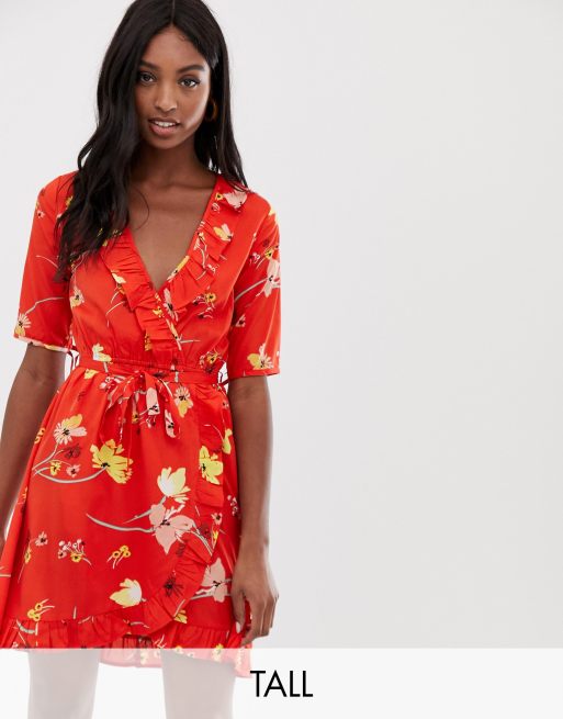 red floral wrap dress