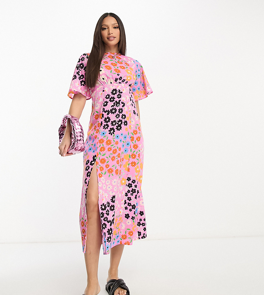 Influence Tall flutter sleeve midi tea dress in pink floral print