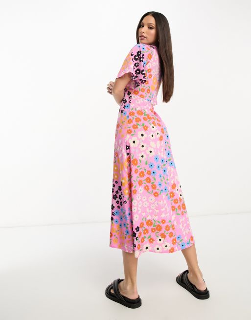 Influence Tall flutter sleeve midi tea dress in pink floral print