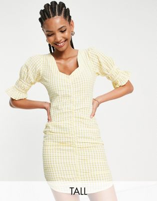 Influence Tall frill sleeve gathered front mini dress in yellow gingham - ASOS Price Checker