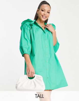 Influence Tall frill sleeve mini shirt dress in green