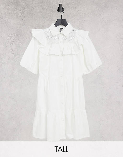Influence Tall frilled shirt dress with broderie in white